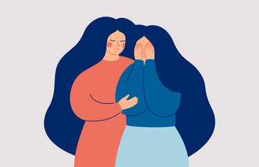 Illustration of a person with long hair comforting her best friend who cries easily