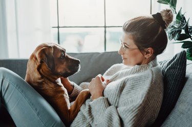 a person wearing a gray sweater and a topknot cuddles with a brown dog at home on the couch as a way to cope with grief