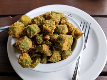 Bowl of fried okra, cooked in a convection oven