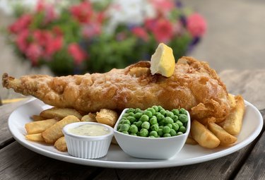 Fish and chips with mushy peas; marrowfat peas