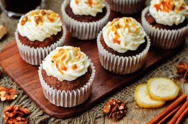 pumpkin pie spices walnuts banana cupcakes with salted caramel and cream cheese frosting