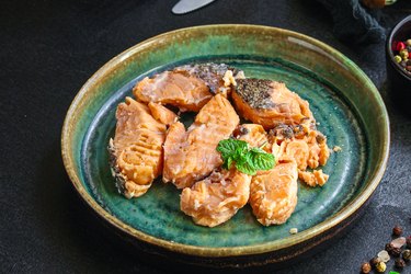 calcium-rich canned salmon on blue plate