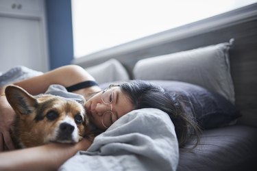 女人与狗躺在床上在一个舒适的位置,作为一个自然治疗眩晕