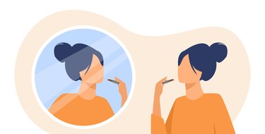 an illustration of a person with long black hair in a bun applying lipstick in a mirror, to represent what happens if you use expired makeup