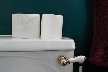 Close up of handle on a white toilet, with toilet paper on top