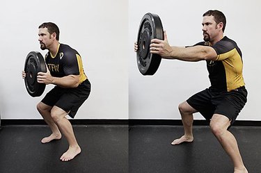 Man performing press and step exercise.
