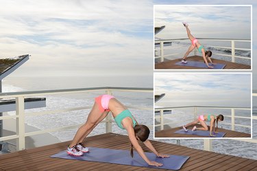 Woman Demonstrating Downward Dog With Hip Opener to Plank With Knee Tuck