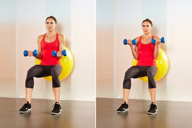 Woman performing stability-ball biceps curls.