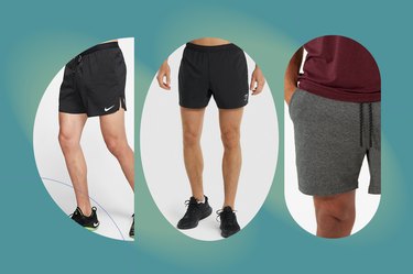 The best 5-inch gym shorts for men isolated on a teal background