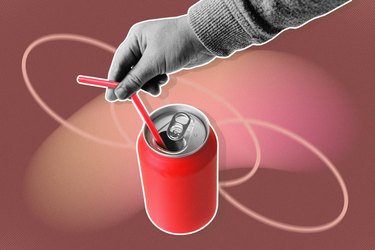mixed media image showing hand on straw in can of soda