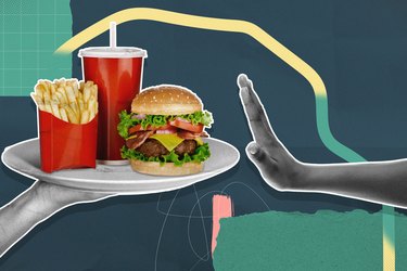 hand gesturing no to fast food burgers, fries and soda