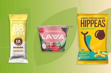 collage of 3 best healthy vegan snacks on green background
