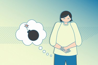 illustration of a person holding their stomach with a bomb in a thought bubble, to represent holding in a fart