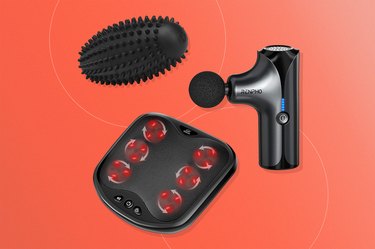 a collage of some of the best foot massagers on a red background