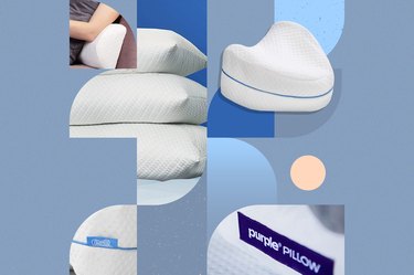 A collage of some of the best pillows for back pain on a blue background