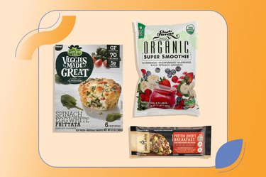 collage of healthy frozen breakfast food options like organic super smoothie, spinach and egg white frittata and protein lovers breakfast burrito.