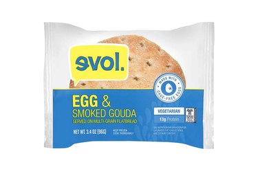 Evol Egg & Smoked Gouda sandwich on a white background