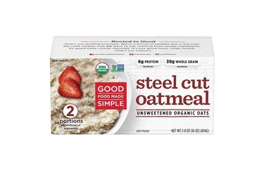 Good Food Made Simple steel cut oatmeal on a white background