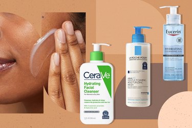 a collage of some of the best face washes for dry skin and showing a person with dark skin using a gentle face wash