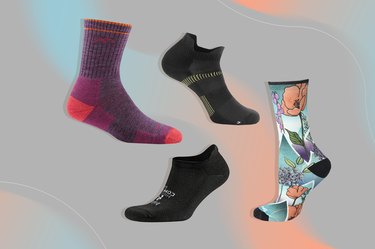collage of the best workout socks on a gray, peach and light blue background