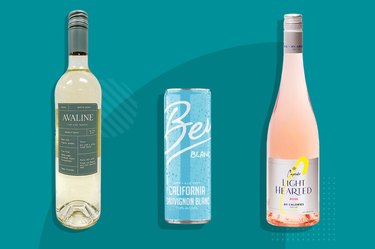 collage of 3 low-calorie wines on blue background