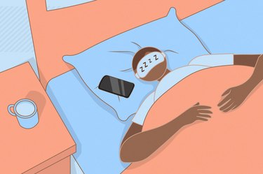 Illustration of a dark-skinned person sleeping with an eye mask and a mobile phone next to the pillow head