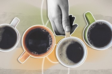mixed media image of hand holding cup of coffee surrounded by 3 more cups of coffee
