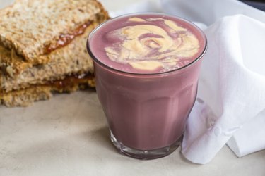 PB&J Chickpea Smoothie with a peanut butter and jelly sandwich