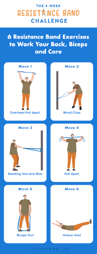 a rectangular graphic showing illustrated gifs of the 6 exercises in this back, biceps and core resistance band workout