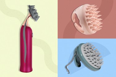 A collage of some of the best scalp massagers for healthier hair on a tricolor background
