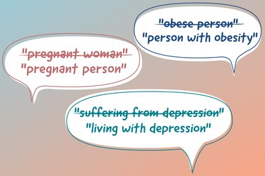 illustration of words and phrases in LIVESTRONG.com's style guide in thought bubbles including using person with obesity instead of obese person, living with depression instead of suffering from depression and pregnant person instead of pregnant woman