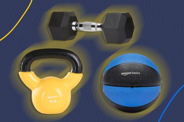 Three pieces of Amazon Basics workout equipment that are part of the Prime Early Access deals on a colorful background