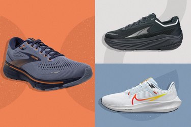 images of running shoes from brooks, nike and altra, three of the best running shoes for back pain, on a tri-color backgorund