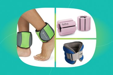 collage of the best ankle weights of 2023 isolated on a teal background