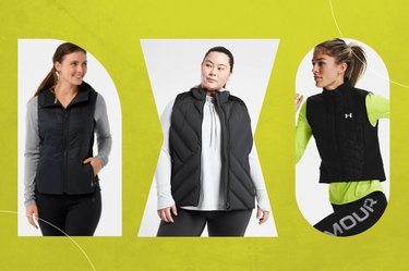 three models wearing the best running vests for fall silhouetted against a green background