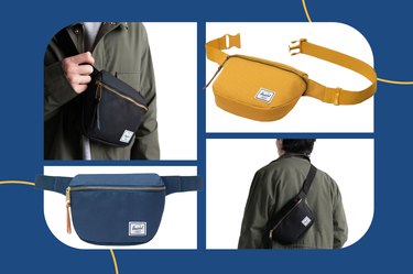 Different colors of the Herschel hip belt laid against a navy blue background.