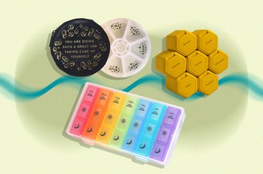 Collage of colorful pill organizers on a pale yellow background.