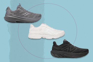 three of the best walking shoes for seniors against a blue background