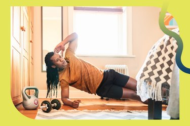 Person wearing a t-shirt and shorts with dreads doing the side plank in their bedroom during the plank challenge
