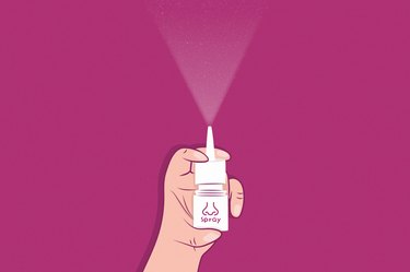 Illustration of a person spraying nasal spray into the air with his hand on a magenta background