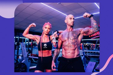 Fitness trainers Natalie Eva Marie and Jonathan Coyle flex in a gym