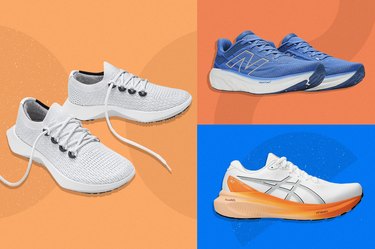 collage of three of the best elliptical shoes isolated on a blue and orange colorblock background