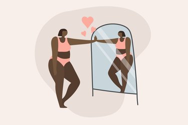 illustration of person in tank and underwear looking in mirror practicing unlearning anti-fat or weight bias