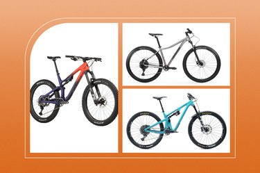 collage of the best mountain bikes on an orange background.