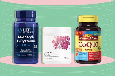 a collage of three of the best supplements for pcos on a light green and pink background