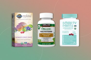 3 organic multivitamins on pink and green background
