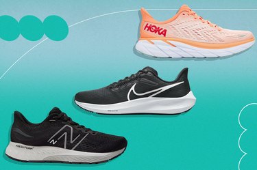 Three different pairs of the best shoes for treadmill walking silhouetted on a colorful background