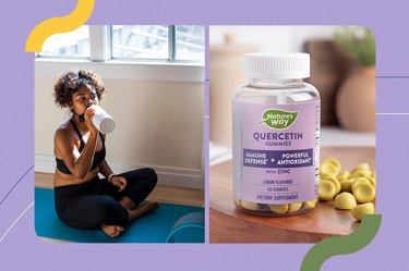 a collage of a person sitting on a blue yoga mat under a window drinking from a water and a bottle of nature's way immune support quercetin gummies on a purple background