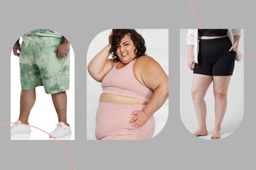 Collage of. best plus-sized workout brands on gray background.