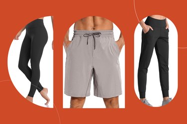 Collage of best Lululemon-inspired clothes you can get on Amazon on a burnt orange background.